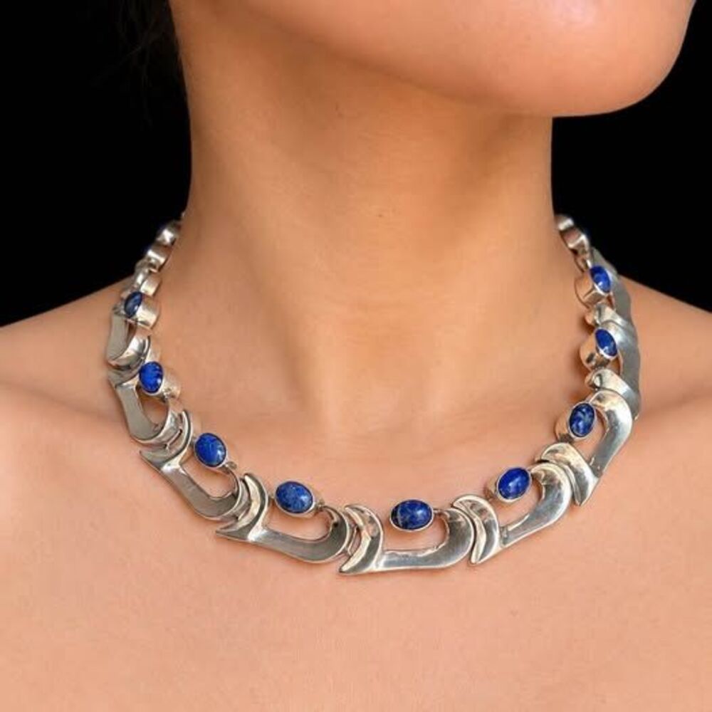 Mexico Designer 183gm Sterling Silver & Lapis Lazuli Statement Necklace